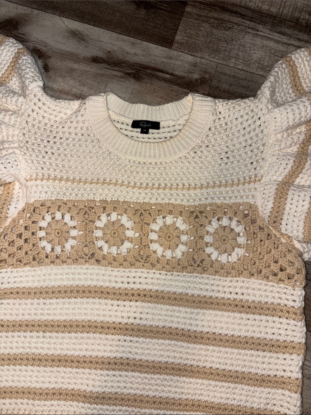 Rails Cream & Tan Crochet Floral Stripe Sweater